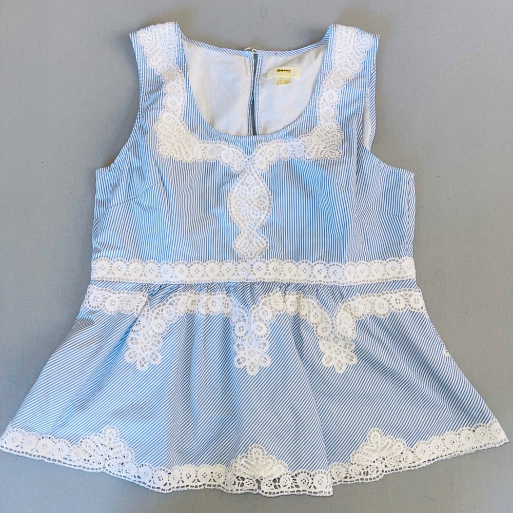 Maeve Anthropologie Peplum Top 14 Blue White Stripe Lace Crochet Sleeveless